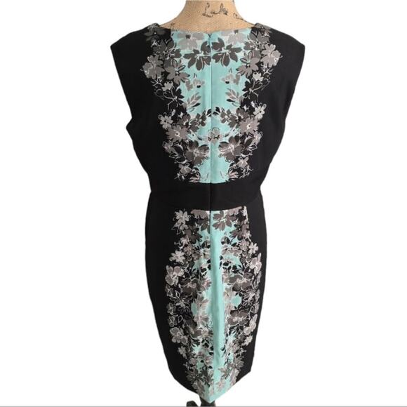 London Times Black and Aqua Color Block Floral Sheath Career Dress Size 10 - Picture 2 of 9